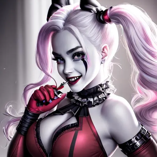 Prompt: (((masterpiece))), ((smile)), ((best quality)), hyper quality, refined rendering, extremely detailed CG unity 8k wallpaper, highly detailed, (super fine illustration), highres, (ultra-detailed), detailed face, perfect face, DC COMIC HARLEY QUINN, (extremely delicate and beautiful), stunning art, best aesthetic, twitter artist, amazing, high resolution, fine fabric emphasis, UHD, 