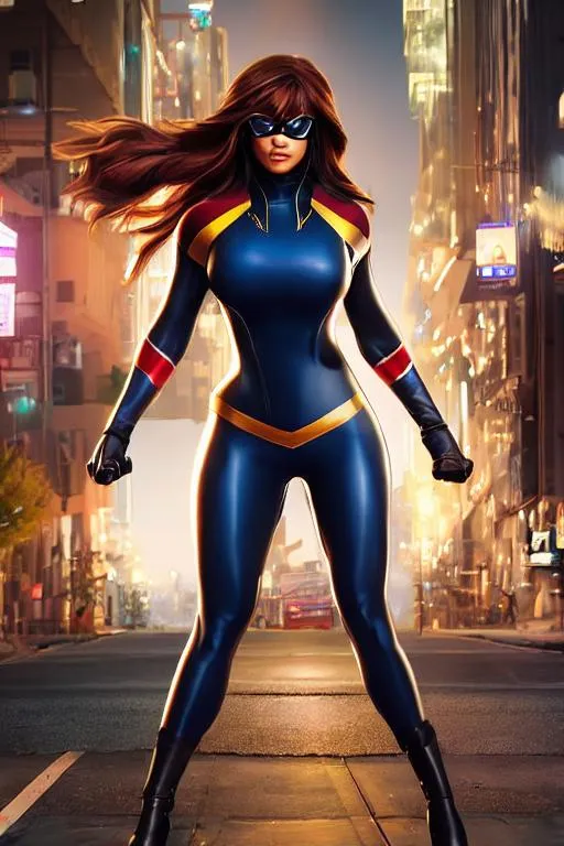 Prompt: realistic detailed image of a curvy, muscular Ms. Marvel, on an empty street, blond hair, night time, highly detailed, digital painting, Trending on artstation, HD quality