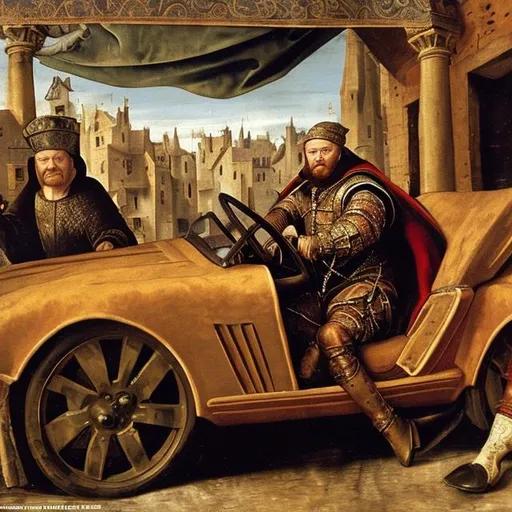 Prompt: Medieval merchant driving a sportscar, dressed in velvet and brocate, oil painting, 16th century, realistic, in the style of Bramante