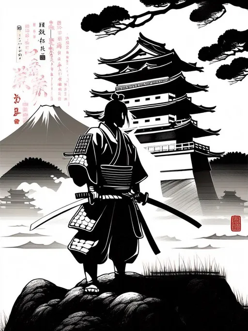 Prompt: A drawing of a samurai in front of a Japanese castle on the blade of a knife