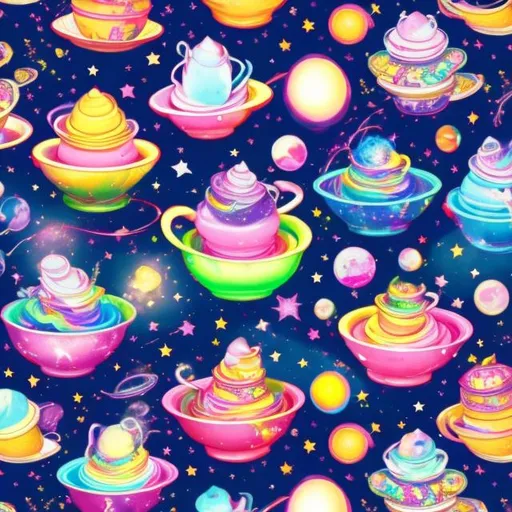 Prompt: Teacups in outer space in the style of Lisa frank