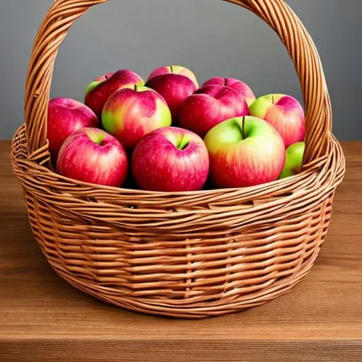 Prompt: A large wicker basket filled with chromatic apples, sitting on a table top, other fruit on the table 