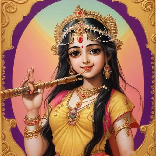 Prompt: Childhood of goddess Radha with an elegant smile & flute in her hand