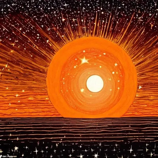 Prompt: Paint a gigantic sun slowly setting down on the horizon the sun is of warm ripe orange colour. All of the stars and galaxies are still visible on the sky 