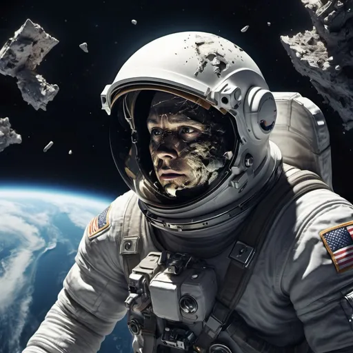 Prompt: Astronaut watching Earth destruction in space, digital art, detailed astronaut suit, cosmic debris, high quality, realistic, dramatic lighting, space, intense emotion, futuristic, earth destruction, astronaut suit detail, cosmic debris, highres, detailed, digital art, realistic, dramatic lighting