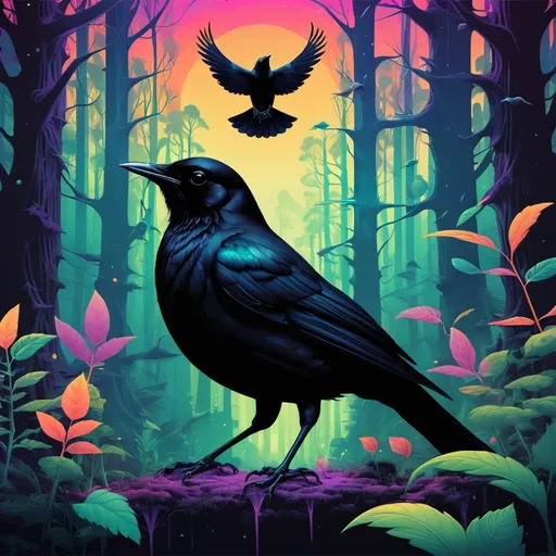 Prompt: Create an album art cover that shows a heroic blackbird.  the surrounding forest is a psychedelic futurist space. a new world