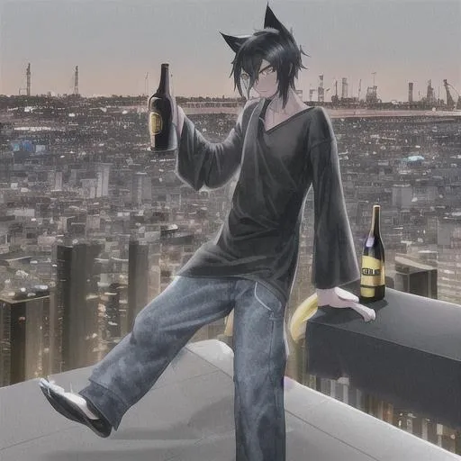 Prompt: A Bipedal Black Cat With Yellow Eyes Waring A Black Hoody And Blue Jeans Siting On The Edge Of A City Rooftop With A Beer Bottle Next To Him Is A Bipedal Calico Cat Waring A White Shortsleeve Shirt And Blue Jeans With A Beer Bottle In His Hand And Next To Them Is A Bipedal Siamese Cat With A Long Sleeve Dress Shirt With A Black Tie And Black Dress Pants With A Beer Bottle In His Hand