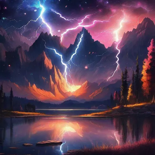 Prompt: + night, A fantastic scenery of the sky at night with colorful stars and lightning and a lake where the sky is reflected, whipers of high mountain range in the background, intricate beautiful trees on the sides, dramatic, very attractive, award winning, wallpaper, crisp quality