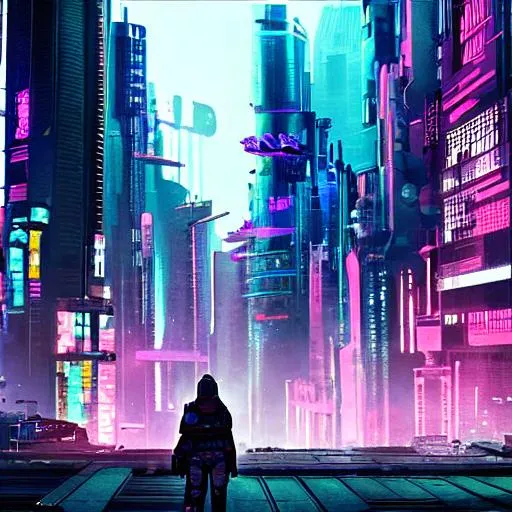 Prompt: Cyberpunk: Influenced by science fiction, it depicts a future world that is often dystopian and heavily reliant on technology. Cyberpunk also usually includes elements such as neon lights, cybernetic implants, and advanced robotics