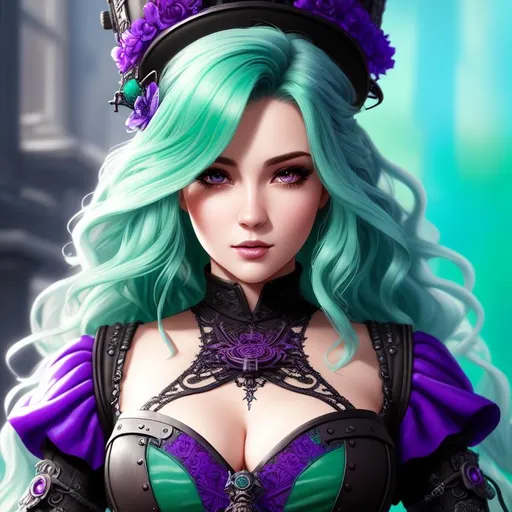 Prompt: A hyper realistic detailed character poster ((full body)) image of a ((beautiful woman)),  with intricate ((sexy steampunk clothes)) with ((mint ombre hair)) a ((gothic purple steampunk dress)), balayage wild hair, highly detailed, digital painting, Trending on artstation, HD quality, ((by Prywinko)), ((sexy))