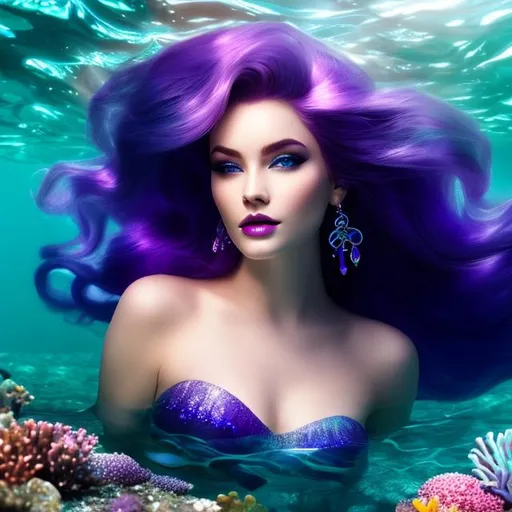 Prompt: a beautiful mermaid with pale skin and purple hair,eyes and lips  swimming under the sea,  4k,  facial closeup



