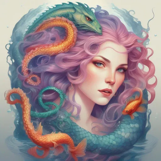 Prompt: A colourful and beautiful Persephone, with precious gem coloured hair and her hair being made out of magic and tentacles, with scales on her skin, with a sea-dragon and fish underwater in a painted style