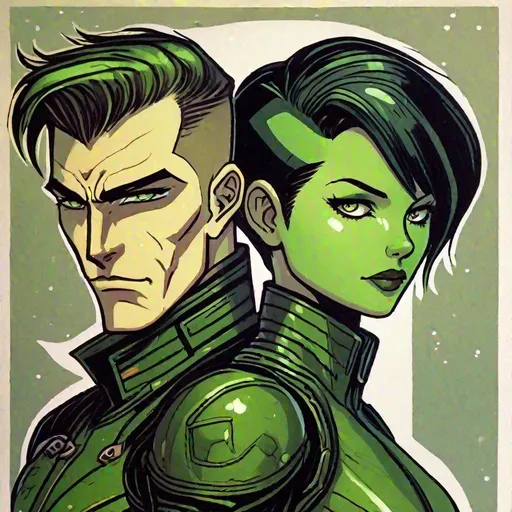 Prompt: A male scifi pilot man with very short slicked back brown pompadour undercut hair and shaved sides, futiristic fully dark entirely jet black leather jacket. green eyes, hugging A green skinned scifi green female, woman with green skin, short black bob hair, uniform. she has green skin. well drawn green face. detailed. green girl, the femme is green, mujer has green skin, green character, green race, detailed. her skin is green, her skin colour is green, star wars art. 2d art. 2d, 