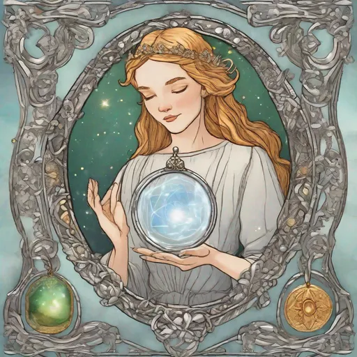 Prompt: Tarot card, storybook artstyle, human holding a silver mirror , "The Enchanter", charms