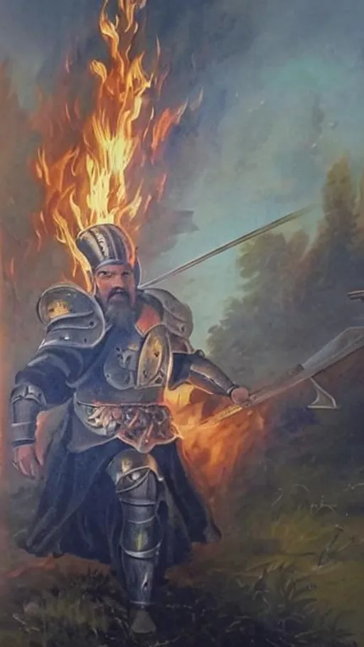 Prompt: My dad as a great warrior conquering a kingdom in armor with an amazing fire behind him. In his hands will be a mighty sword