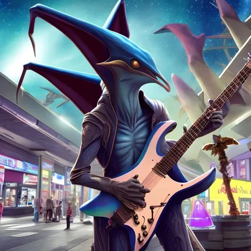 Prompt: Pterosaur playing a double-necked Guitar for spare change in a busy alien mall, widescreen, infinity vanishing point, galaxy background, surprise easter egg