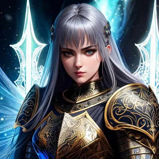 Prompt: Tarot style + female knight in ornate armor + Full HD render + immense detail + dramatic lighting + well lit + black, character sheet, + fine esoteric symbolism | ultra - detailed realism, soft cinematic lighting, high - quality, engraved | highly detailed |digital painting, artstation, concept art, smooth, sharp focus, Nostalgic, ethereal, nebula, 8k, hyper detailed, intricate detail, photorealistic, space void galaxy universe