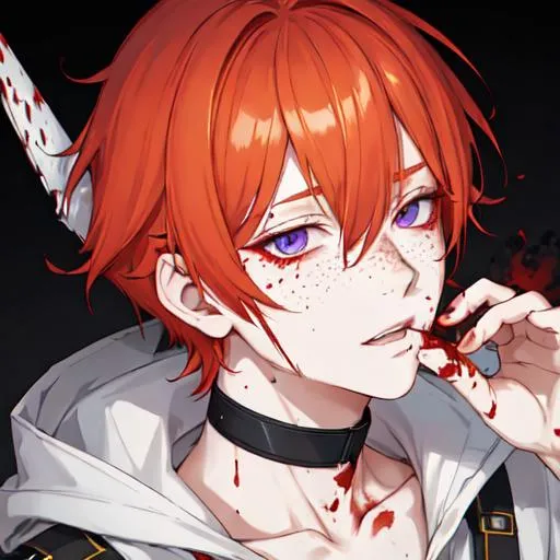 Prompt: Erikku male adult (short ginger hair, freckles, right eye blue left eye purple)  UHD, 8K, insane detail anime style, covered in blood, psychotic, covering his face with his hands, face covered in blood and cuts, blood highly detailed, side profile