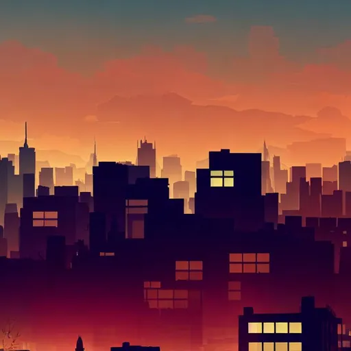 Prompt: Multiple layers of silhouette buildings, with silhouette of New York City, sharp edges, at sunset, with heavy fog in air, vector style, horizon silhouette Landscape wallpaper by Alena Aenami, firewatch game style, vector style background
