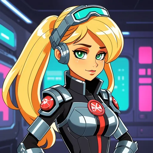 Prompt: cyberpunk equestria girls applejack with a single ponytail wearing sci fi armor