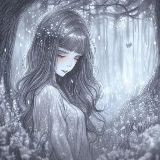 Prompt: a girl in a dreamy forest rain drawing 