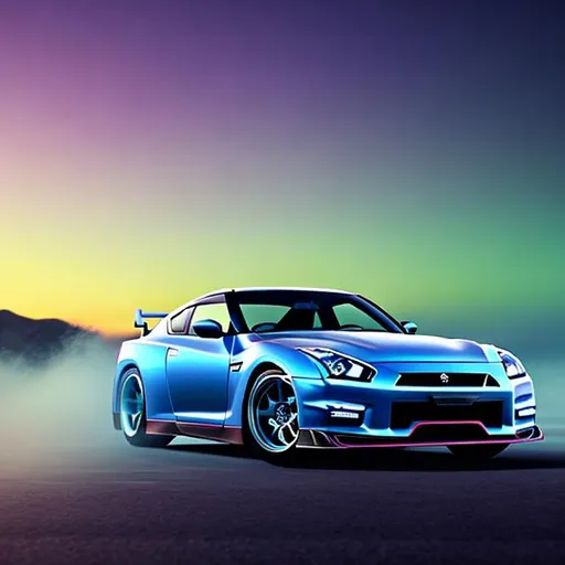 Prompt: Nissan skyline r35 ultra realistic vapor wave front shot
