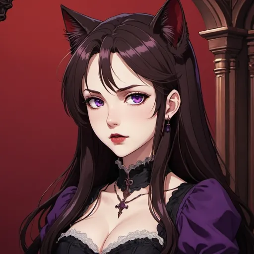 Prompt: fair skin tone, red background, beautiful woman, innocent, hot, long dark brown hair, purple eyes, dark red lips, vacant stare, gothic, dark clothes, victorian, cat ears, cat tail, detailed facial features, dark lighting, 90s anime, 80s anime, anime screencap, cartoon, 2d art, romance novel cover, anime art style, castlevania anime, beserk anime, full length