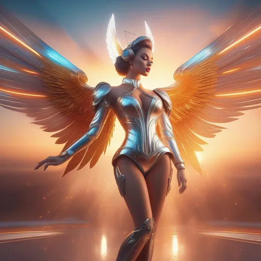 Prompt: Splash art, 50s psychedelic pinup style, with swirling magical lights and dense fog, intricately detailed, full body, ultra-realistic, 3D Rendered image. Focused on an enticing, alluring, highly detailed, Futuristic female angel robot, close vantage point, facing the camera, Sunset lighting