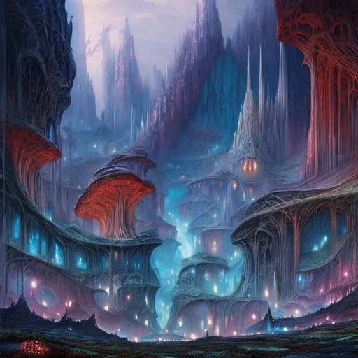 Prompt: Landscape painting, elven city in a vast cave, dull colors, danger, fantasy art, by Hiro Isono, by Luigi Spano, by John Stephens