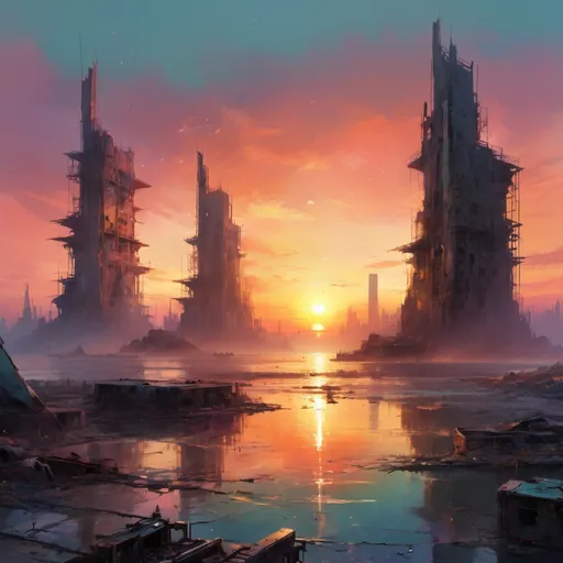 Prompt: A beautiful gorgeous sunset amidst a dystopian ruined city landscape with a pastel sunset and a sparkling pastel sea, by Craig Mullins, Destin Sparks, Raymond Swanland, Justin Minns, Ismail Inceoglu, Behance HD, Artstation, Deviantart, minimalistic touch of gold decorations, 8k resolution, incredible abstract composition, deep colors