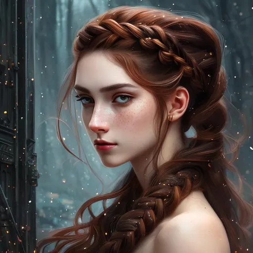 Prompt: skinny woman, brown eyes, noble style, pale skin, freckles, sad and depressed features, medieval braided hair, hair with braids, house baratheon, asoiaf, medieval character, red and black tudor dress, noble dress, expensive jewelry, night background, paint brush digital art, dark mood, messy and chaotic paint brush, style paintbrush, character portrait

