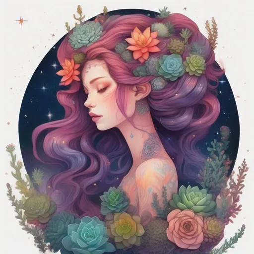 Prompt: Colorful and beautiful Persephone with hair that is made out of the stars and succulents 