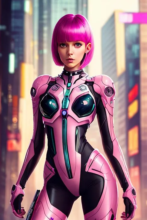 Prompt: 1 girl, photo realistic portrait of a girl with futuristic outfit, intricate sleek and transparent style. She has young and beautiful face, pink short hair with blunt bangs, narrow waist,  thin thigh. The outfit with style of evangelion and cyberpunk
