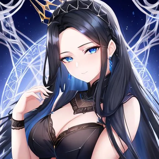 Prompt: Haley 1female (braided black hair pulled back, lively blue eyes), highly detailed face, 8K, UHD, a dark and enchanting ensemble with a flowing black gown, intricate spiderweb patterns, and a crown adorned with glistening spider motifs  posing for the camera, young adult