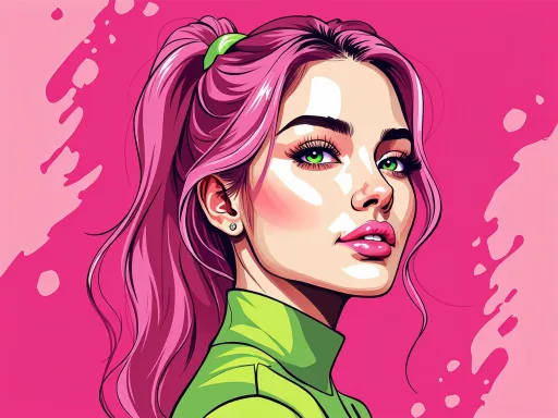 Prompt: This is a vibrant, digital illustration of a young woman rendered in a comic book style. The subject has striking pink hair, styled in a high ponytail secured with a green hair tie. Her hair is drawn with smooth, flowing lines, and her pink hair contrasts sharply against the bright pink background. Her skin is fair with a slight blush on her cheeks, and she has green eyes with well-defined eyelashes and subtle eyeliner. She wears a green shirt with a high collar, which matches the green hair tie. Her lips are painted a soft pink, and she has a small, silver stud earring in her left ear. The woman's expression is calm and slightly confident, with her head turned slightly to the left, allowing her to look directly at the viewer. The background is a solid, gradient pink that transitions from a lighter pink at the top to a darker pink at the bottom. The illustration uses bold, black outlines and a limited color palette, emphasizing the bright, pop-art aesthetic typical of comic book art. The overall style is clean, modern, and highly stylized, focusing on the contrast between the bright colors and the smooth, detailed lines.
