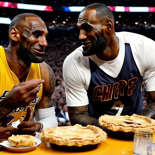 Prompt: kobe eating a pie with lebron james