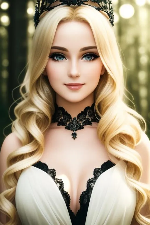 Prompt: cinematic shot of gorgeous blonde lady(divine look, beautiful eyes, detailed face, smiling) wearing black clothes, soft light on face, wearing a crown, in forest, hair with curls, eye contact, realistic
