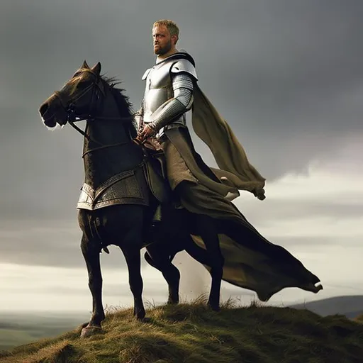 Prompt: king arthur standing on a hill

