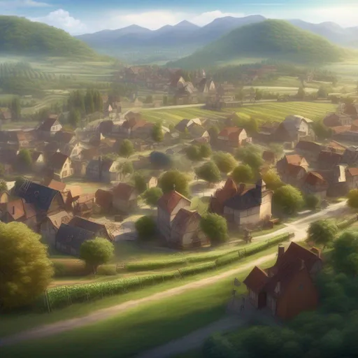 Prompt: town, fantasy setting, fields with trees, fruit orchards, natural lighting, panoramic,  photorealistic, morning time.