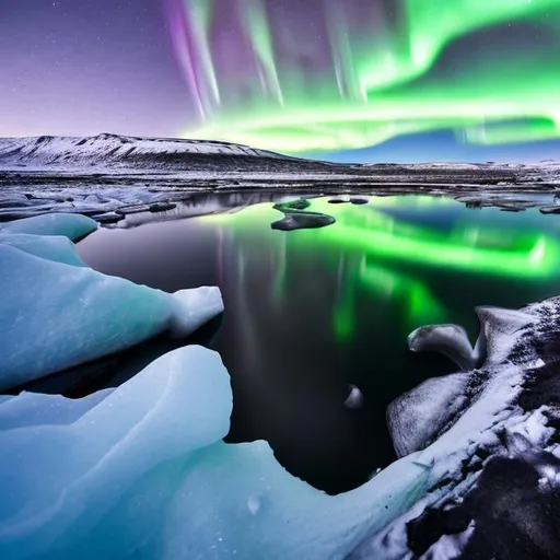 Prompt: northern lights iceland, water, reflection, ice, snow, waterfall, volcano