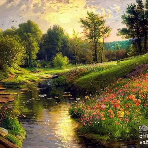 A detailed Wisconsin landscape with a stream with sp... | OpenArt