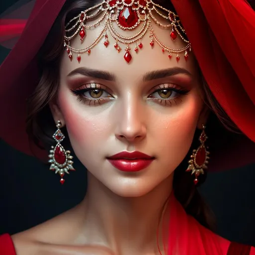 Prompt: Beautiful ethereal woman. color scheme of tuquoise and red. facial closeup