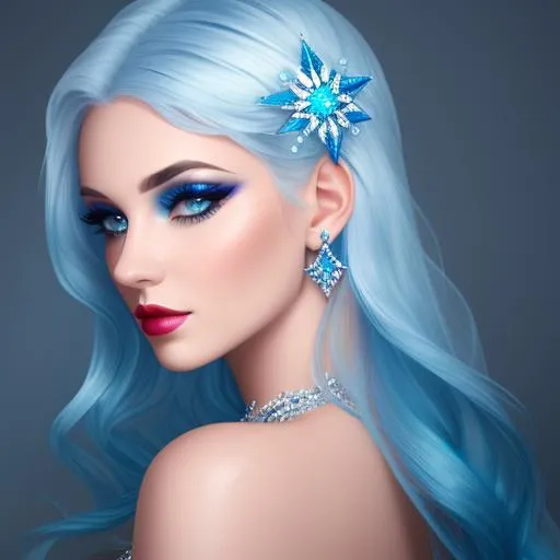 Prompt: Lady with icy blue hair, ice queen, stylish makeup, soft light,  fantasy