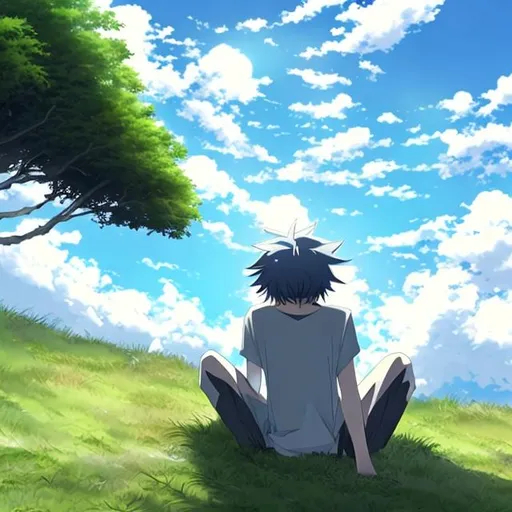 Prompt: Man
Sit in the grass
Hills
Tree background
Looking at the sky
Sun
Blur sky
Clouds
Shadow
Anime style
