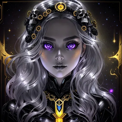 Prompt: dark, Epic, Beautiful, Plasma {Liquid}Skull gold silver black, big dreamy eyes, beautiful intricately-colored, symmetrical, Beautiful and Gorgeous, hyper realistic, expansive psychedelic background, hyper realistic, 64K --s99500