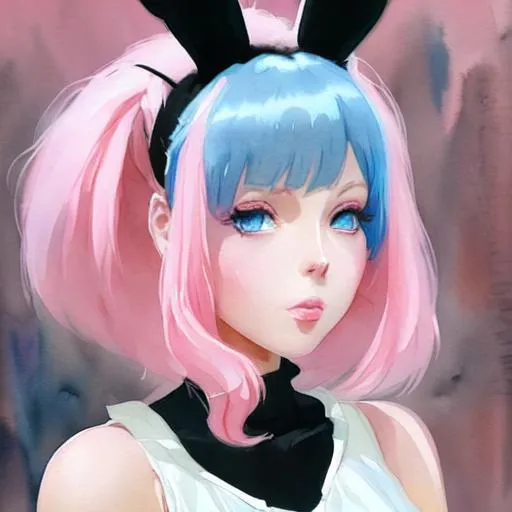 Cute black bunnygirl with pink hair and blue eyes in... | OpenArt