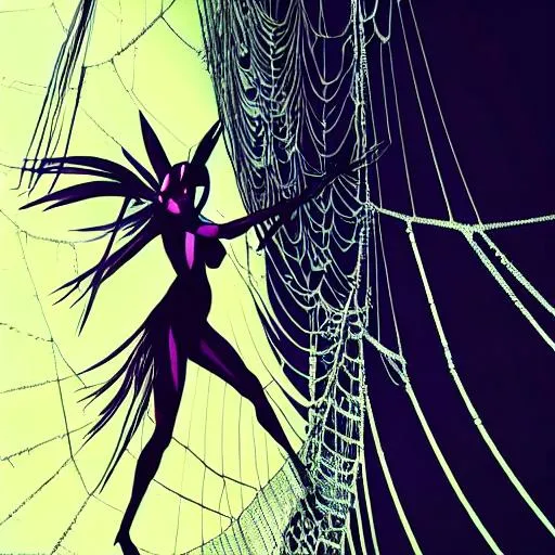 Prompt: Bird of paradise caught in spider web, half spider half woman Arachne warrior in front, Anime, dark, cave, soft light, moody