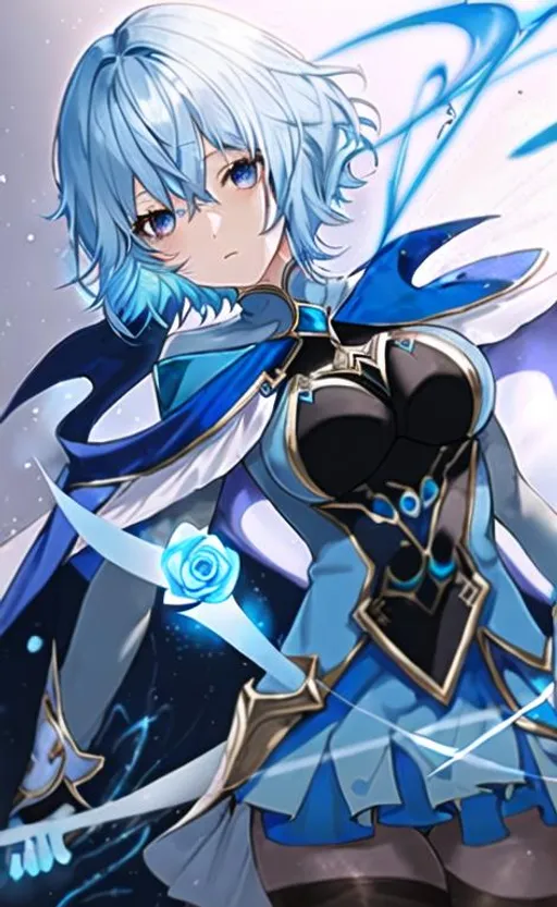 Prompt: light blue hair, short hair, blue rose, gold eyes, black tights, light blue blouse, blue plume, flowing cape, Genshin Impact, Eula Lawrence