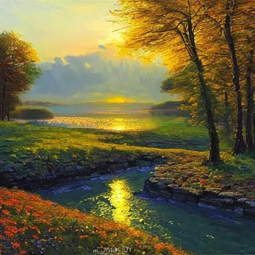 Prompt: Create a New York landscape painting at sunset in the style of Peder Mork Monsted.