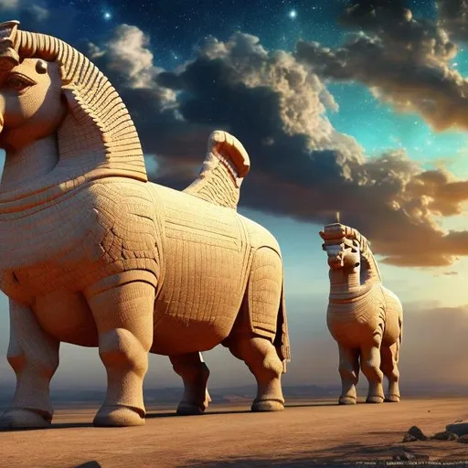 Prompt: Assyrian Lamassu, 721–705 BC, widescreen, infinity vanishing point, galaxy background, surprise easter egg
